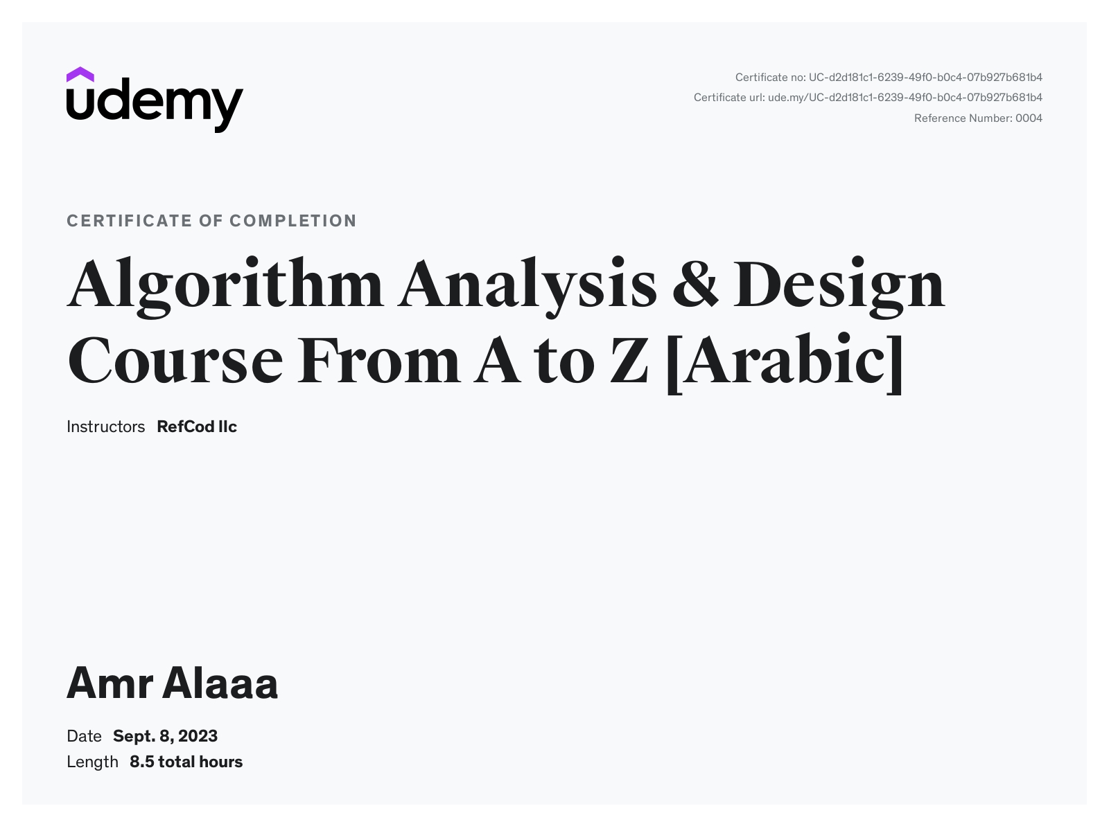 Algorithm Analysis and Design Certification